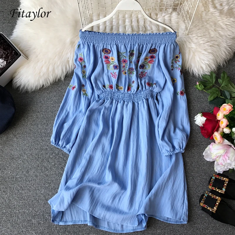 

Fitaylor 2019 Women Off Shoulder Sexy Spring Summer Embroidery Flower Mini Short Dress Evening Party Long Sleeve Casual Vestidos