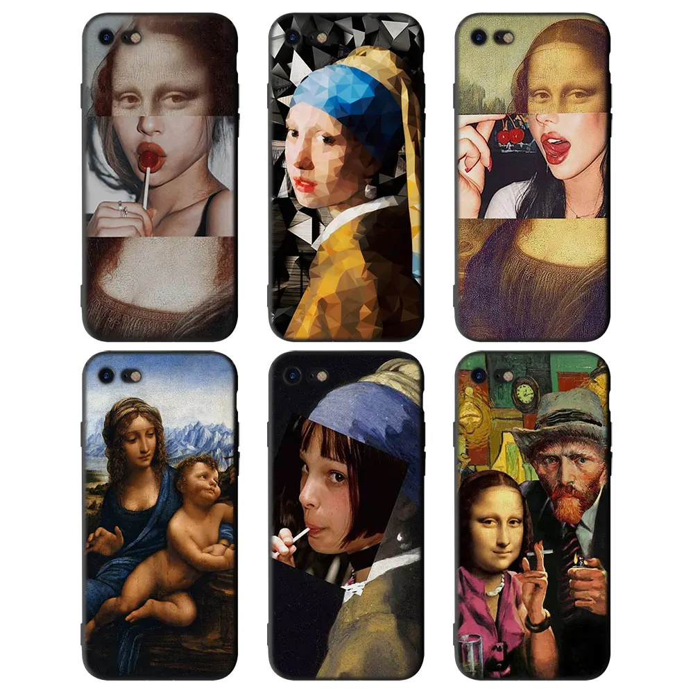 

Mona Lisa funny Spoof Art CASE COVER for Apple iPhone 6 6s 7 8 Plus X XS XR XS MAX 5S SE Black Soft Silicone Phone Covers bag