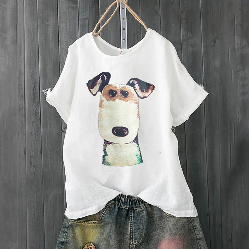 

Women Dog Print blouse Casual Plus Size Loose Cotton and Linen Button Tunic Shirt Blouse Tops Shirts blusas mujer de moda 2019