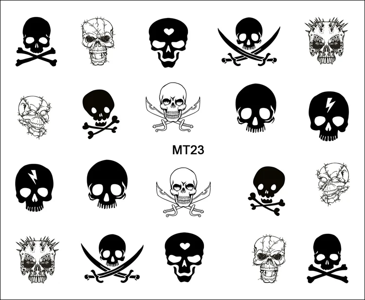 1 лист ногтей MT23 черный белый Меч череп Модный дизайн ногтей переводная наклейка для ногтей татуировки Советы Инструмент для ногтей
