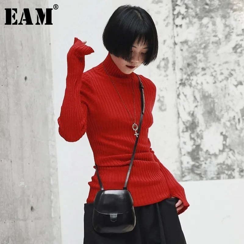 

[EAM] 2019 New Spring High Collar Long Sleeve Black High Elastic Slim Loose Knitting Warm Sweater Women Fashion Tide JI103