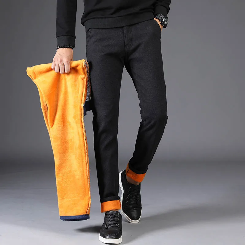 Men's Winter Casual Pants Black Fleece Lined Keep Warm Cotton Trousers ...