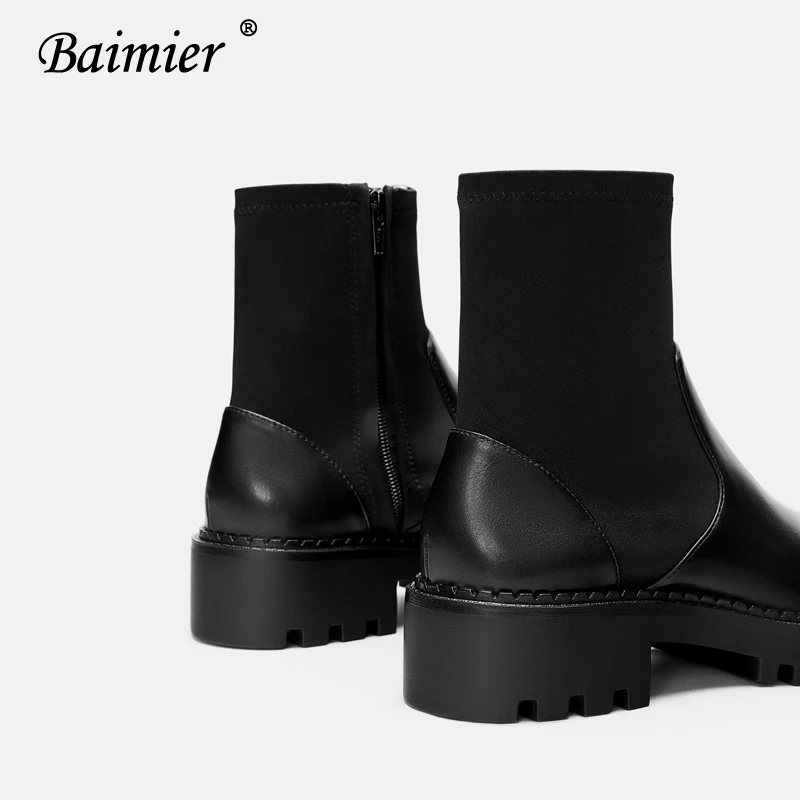 Черные кожаные женские ботинки носки Baimier плоские эластичные ботильоны для