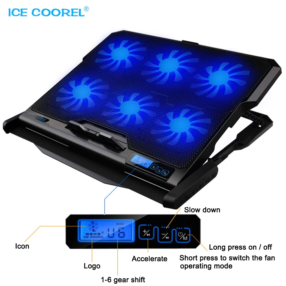 Image ICE COOREL Laptop cooler 2 USB Ports and Six cooling Fan laptop cooling pad Notebook stand For 12 15.6 inch fixture for laptop