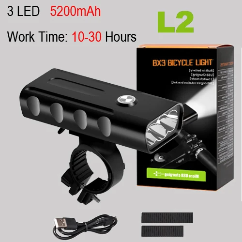 L2 10 hours 3 LED Велосипедный светильник NEWBOLER, 5200 мА/ч, комплект, T6 L2, вспышка, светильник для велосипеда, 2400 люмен, светодиодный фонарь, USB, головной светильник, кронштейн, велосипедная лампа Fornt - Цвет: L2 10 hours 3 LED