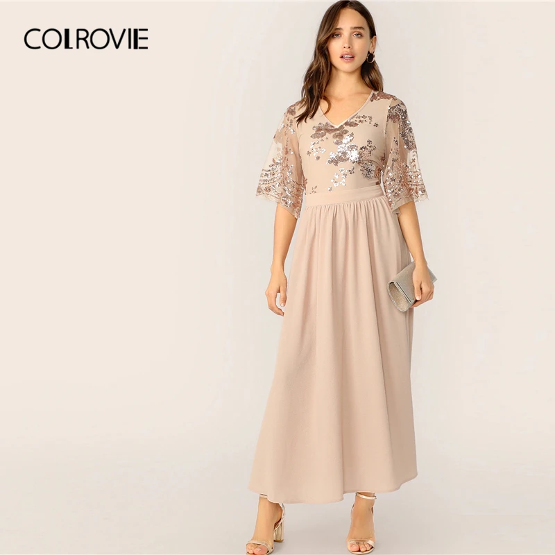 

COLROVIE Apricot V Neck Contrast Sequin Mesh Sleeve Flare Party Long Dress Women 2019 Summer High Waist Office Ladies Dresses