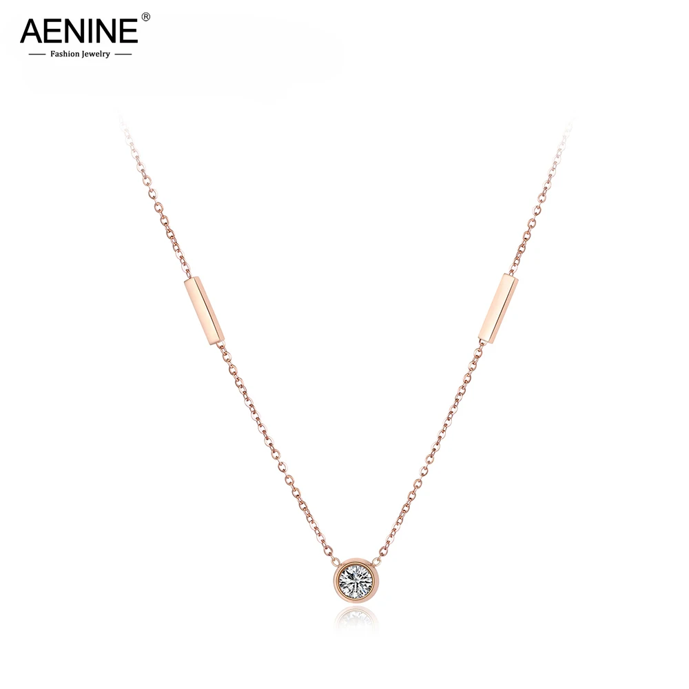 

AENINE Trendy Geometric Cuboid Choker Necklace For Women Rose Gold Stainless Steel CZ Crystal Wedding Pendant Necklace AN18057