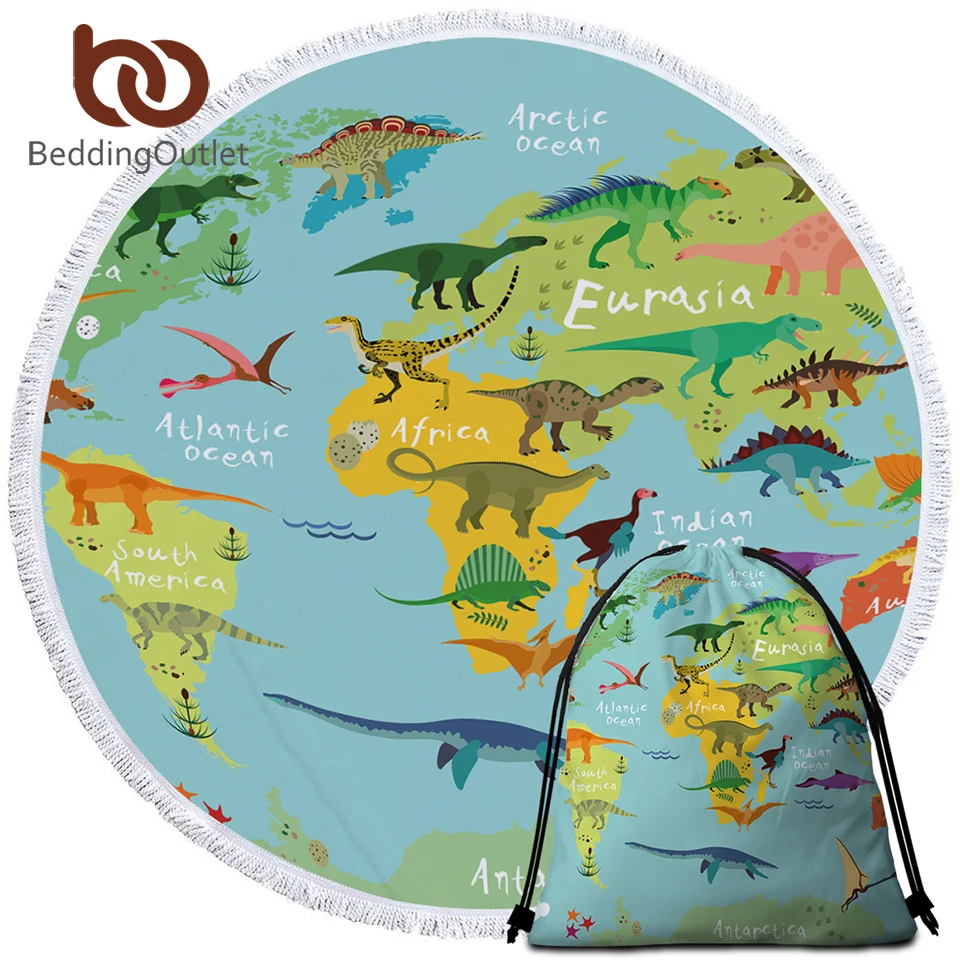 

BeddingOutlet Dinosaur Round Beach Towel Jurassic Tapestry Kids Cartoon World Map Microfiber Large Bath Towel for Adults 150cm