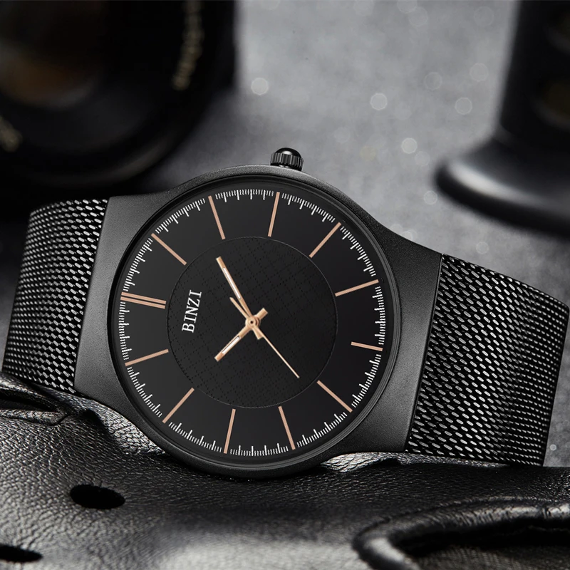 

Fashion Men's Watches Stainless Steel Black Casual Quartz Watch Top Brand Golden Pointers Business Wrist Watch Relogio Masculino