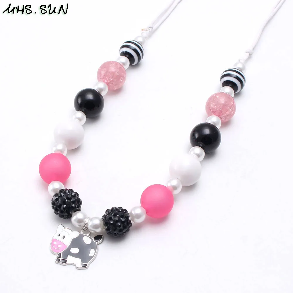 

MHS.SUN Cute Cow Pendant Necklace Animal Jewelry For Baby Girls Chunky Bubblegum Beads Necklace DIY Adjust Rope Kids Gift 1PC