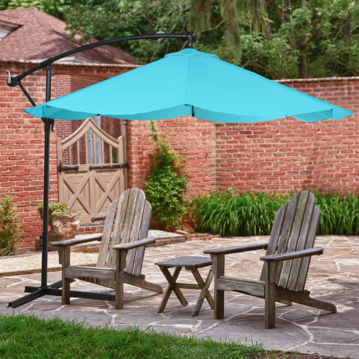 Offset 10 Foot Aluminum Hanging Patio Umbrella Sky Blue with Cross Base Bars
