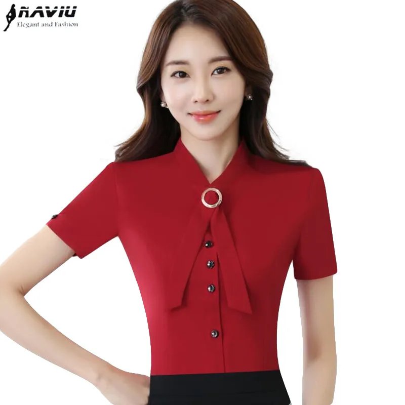 NAVIU Elegant Fashion women bow tie red shirt OL summer formal short ...