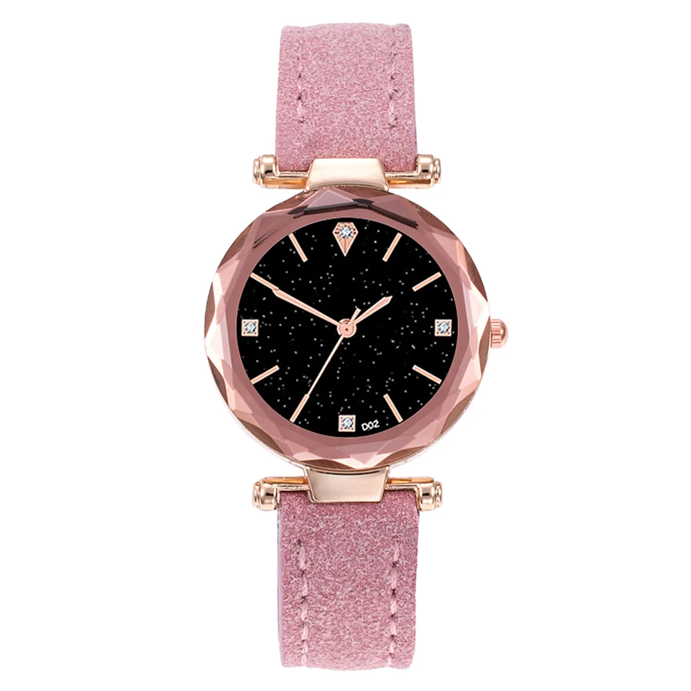 

Fashion Crystal Women Watches Pink Female Starry Sky Dial Leather Quartz Wrist Watch 2019 Rhinestone Ladies Watch