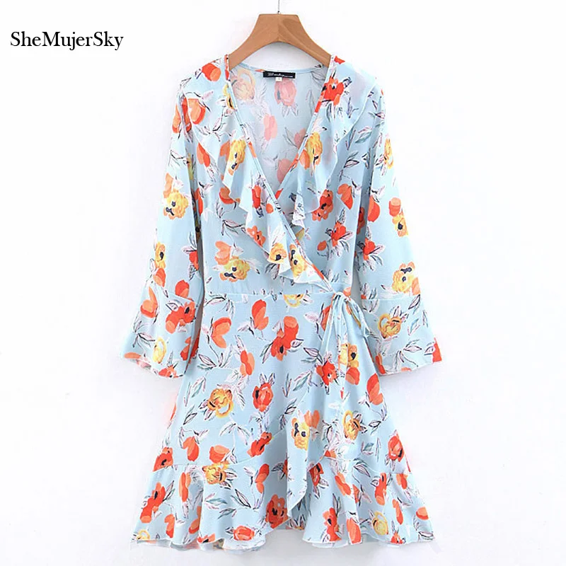 

Efvandoloe Floral Print Dress Women 2019 Summer Long Sleeve V Neck Holiday Party Elegant Ruffles Wrap Dresses