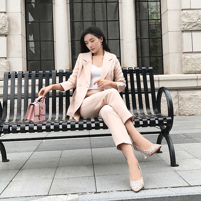 

British suit women's suit spring and autumn new retro suit jacket elastic waist nine pants fashion temperament two-piece JQ399