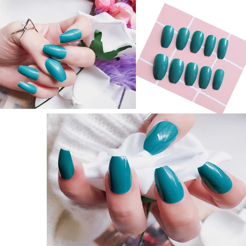 

24Pcs Shiny Natural Manicure Gel False Nails Dark Green Fake Nail Pattern DIY Nail Art Press On Nail Manicure Tools