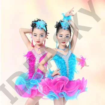 child kid children professional latin dance dress for girls Modern Waltz tango Cha Cha kids ballroom competition dresses feather