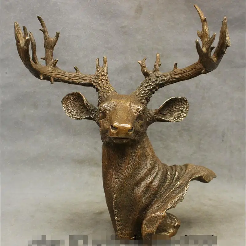 

wan67104066+++15" Chinese Bronze Copper Home FengShui Animals Deer Head Statue Art Sculpture