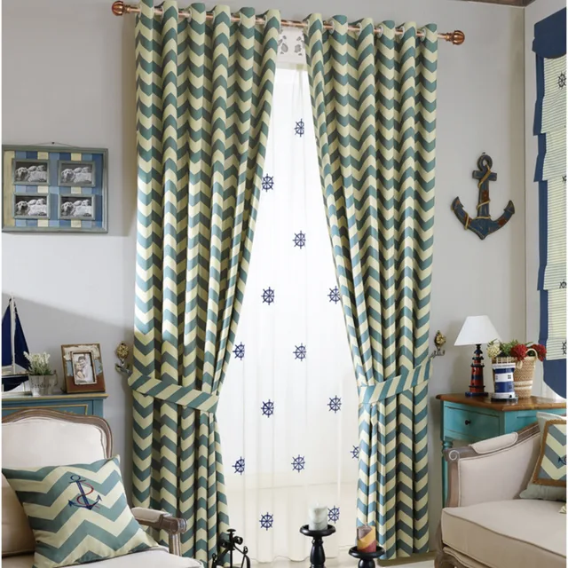 cyan color striped printed thick curtains for living room window curtain fabric for the bedroom kids