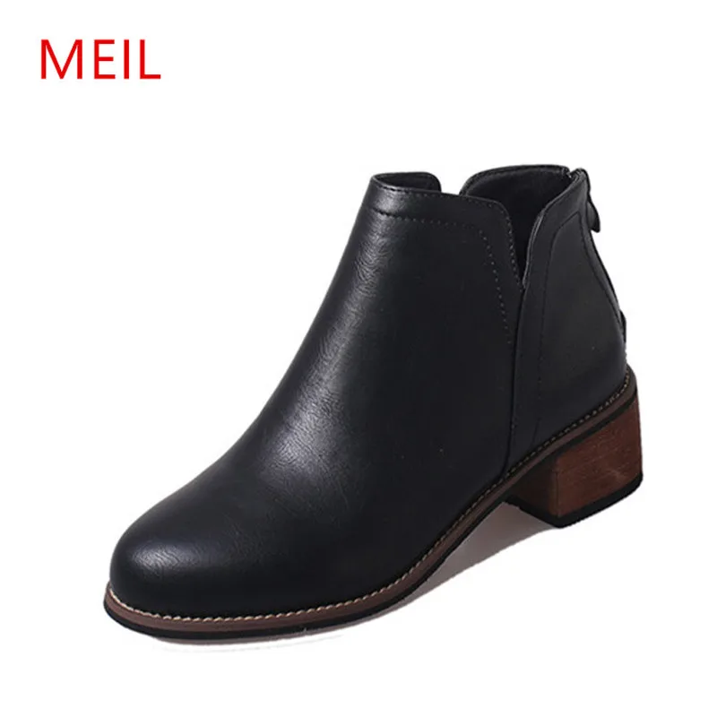 

MEIL Shoes Woman Fashion PU Leather Waterproof Ankle Boots Female Zip 4.5cm Heels Platform Comfortable Autumn winter boot