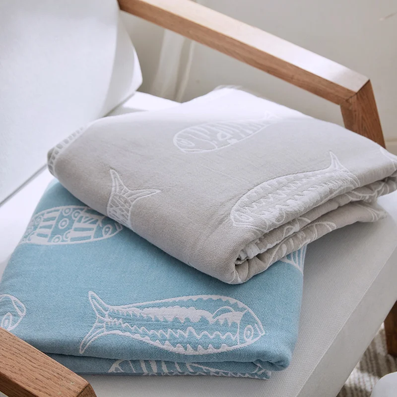 

Finsh Pattern Japan Style Summer Blankets For Beds Single Double Bed Cotton Bed Linens Blue Quilt Soft Home Decor Blankets