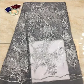 

2019 high quality French Nigerian sequins net lace,African tulle mesh sequence lace fabric for party dress 5yards/lot gray