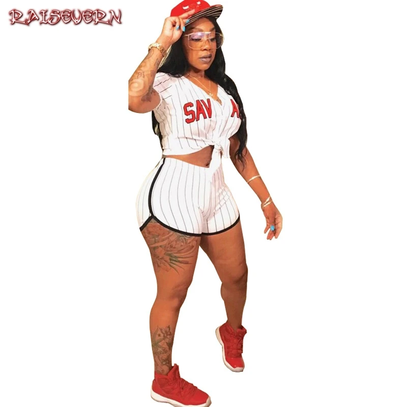 

RAISEVERN Women Letter Print Striped Two Pieces Outfit For Women Set Short Sleeve Casual Shorts Pant SportSuit Tracksuit 2019