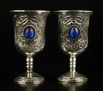 

A Pair of Collection Old Handmade Miao silver inlaid with blue bead Goblet cup