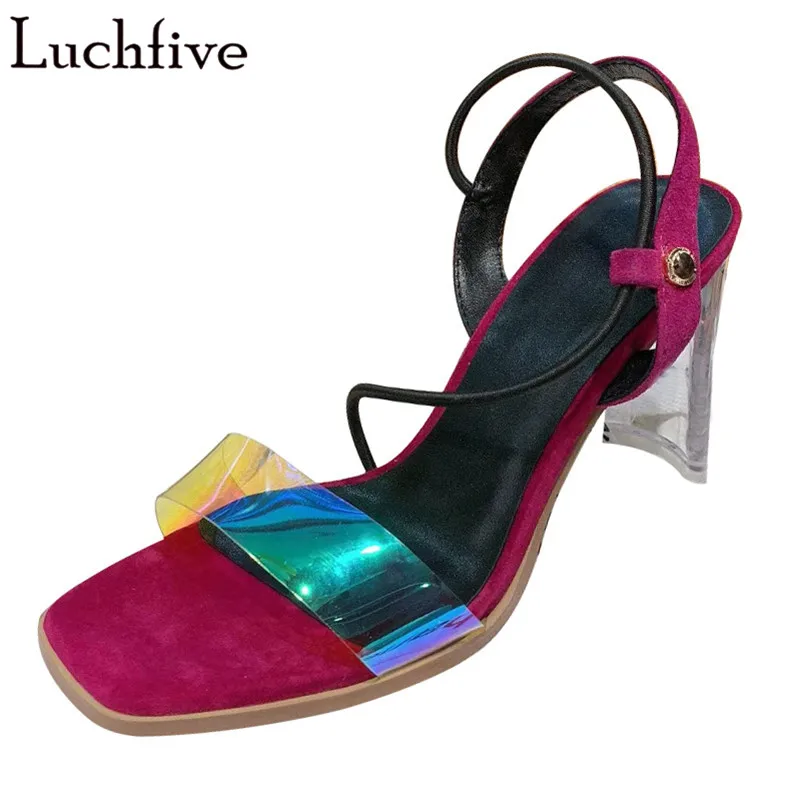 

Summer Clear One Belt Sandals Sexy Transparent Heels Ankle Wrap Shoes Woman Wine Red Slip On Fashion Zapatos De Mujer