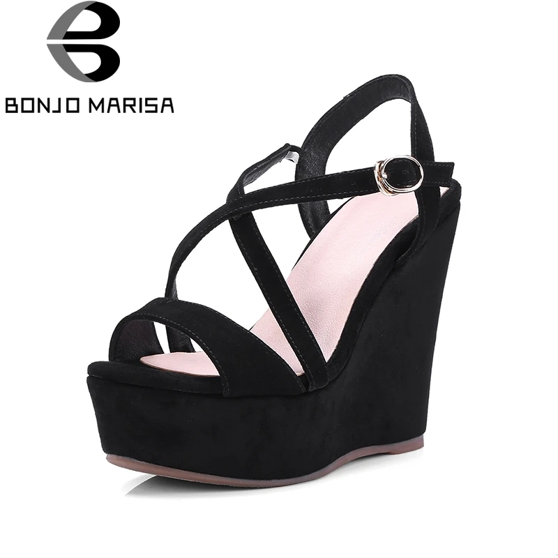 

BONJOMARISA Brand Design Kid Suede Leather Top Quality Summer Sandal Shoes Women Fashion Platform Wedge High Heels Woman Sandals