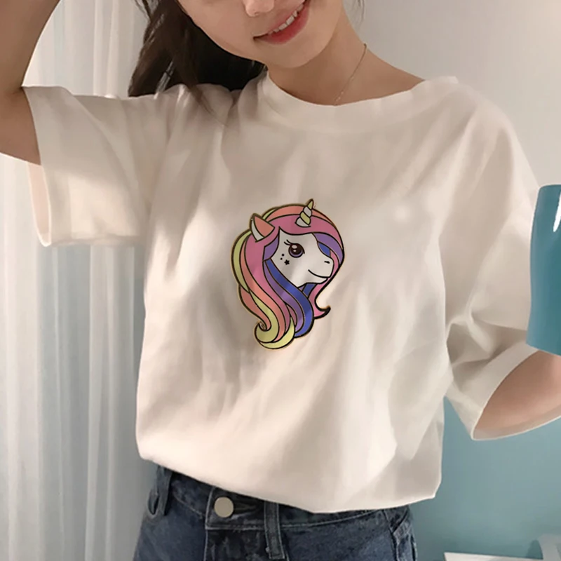 

tee shirt femme New ins Harajuku style horse printing short-sleeved t-shirt female couple loose bottoming white shirt tide