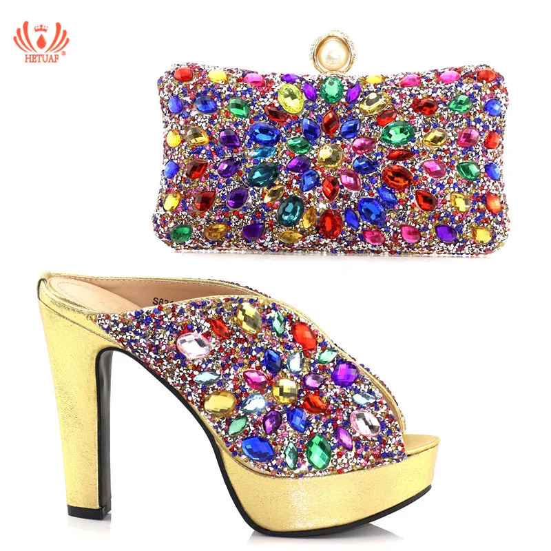 

New Arrival Golden Color African High Heel Shoes and Bag Set Italian Design African Shoes and Bag Sets For Party Wedding Sandals