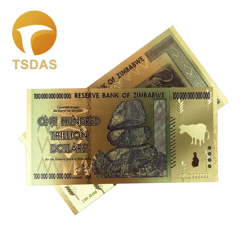 

Zimbabwe One Hundred Trillion Dollars Gold Banknote in 24k Gold Plated Pure Gold Banknote 10pcs/lot For Collection
