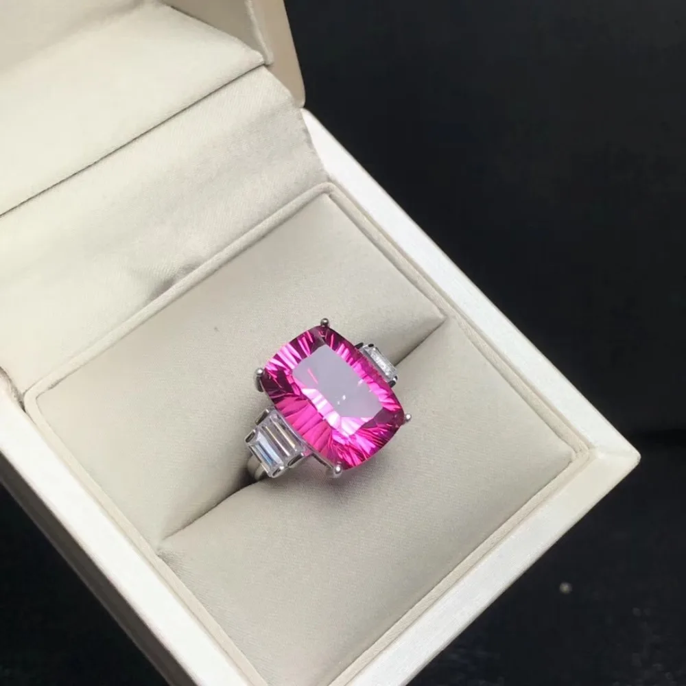 

925 Sterling Silver Natural Topaz Ring Square Stone 10 x 14 mm Adjustable Size for Women Birthday Christmas Mother's Gift