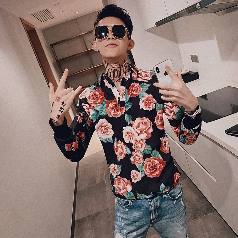 

Autumn Floral Shirt Men Brand New Loose Streetwear Mens Casual Shirts Long Sleeve All Match Young Man Pullover Men Shirt Dress