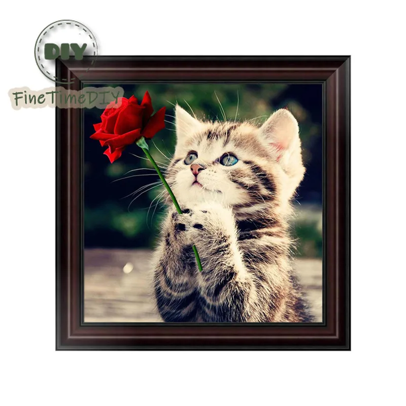 FineTime кошка Роза 5D DIY Алмазная картина частичное сверло вышивка крестиком