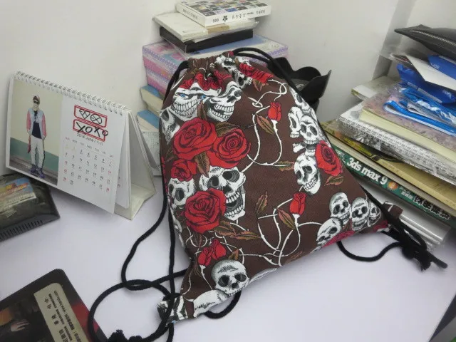  Cotton Linen Storage Package Shoes Bag Drawstring bags Unisex skull 3D Printing Organizer Portable Women's Backpack (10)
