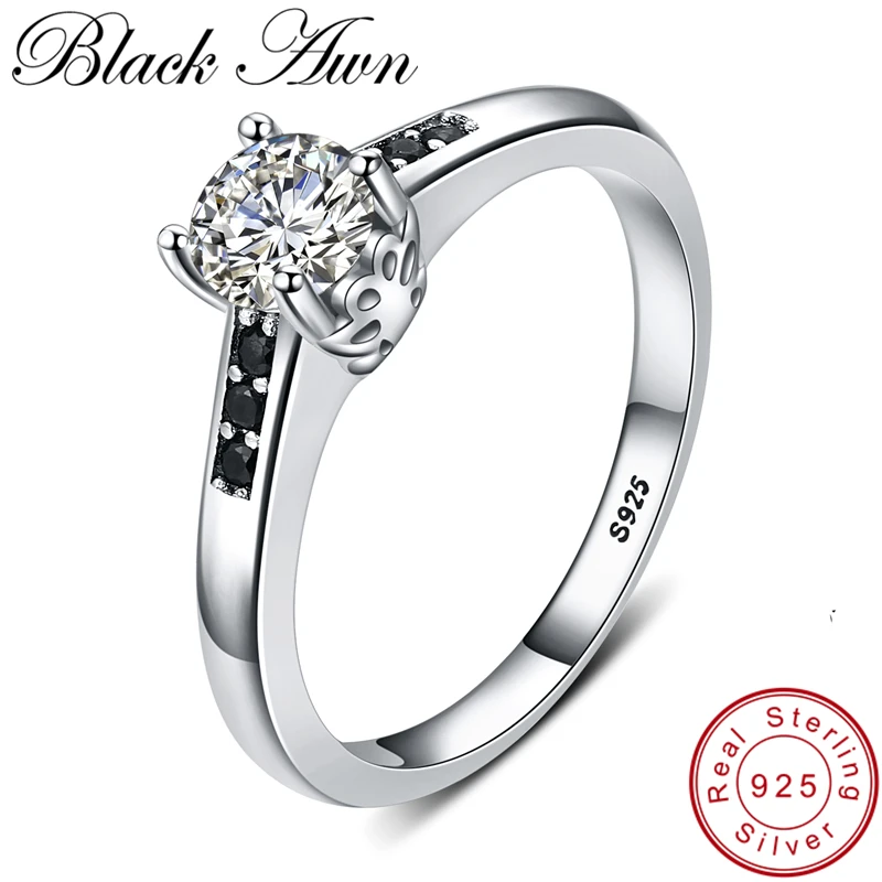 

[BLACK AWN] 925 Sterling Silver Jewelry Finger Ring Leaf Black Spinel Rings for Women Female Bague Silver 925 Jewelry G093