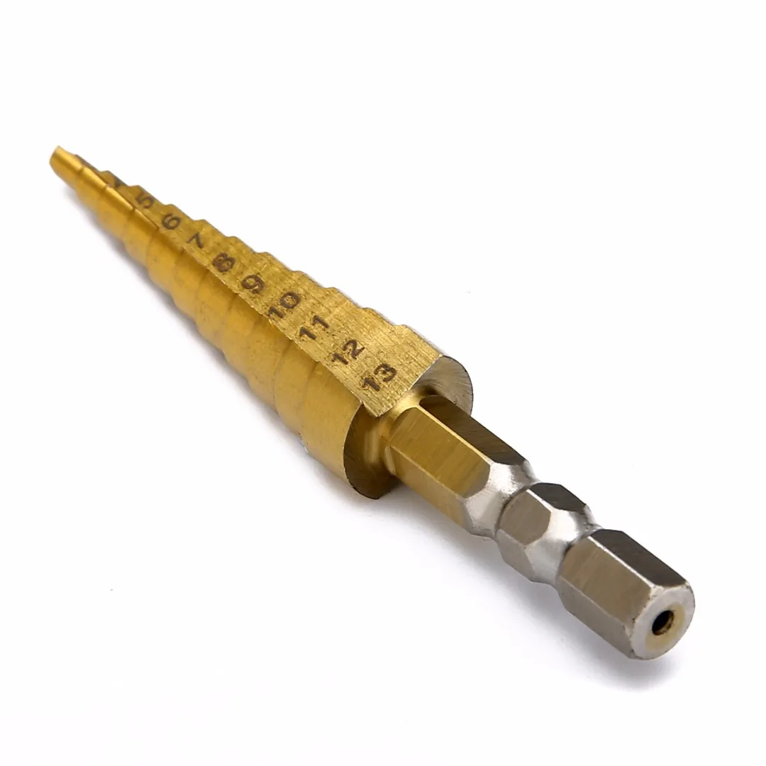 1pc Titanium Coated Step Cone Drill Bit Ser 1/4 inch Hex Shank Drilling Tool 3-13mm