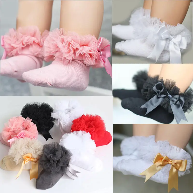 Emmaaby/носки для маленьких девочек с бантом и кружевными оборками; хлопковые носки принцессы с лентами; разные цвета; серый, красный, черный, розовый, белый
