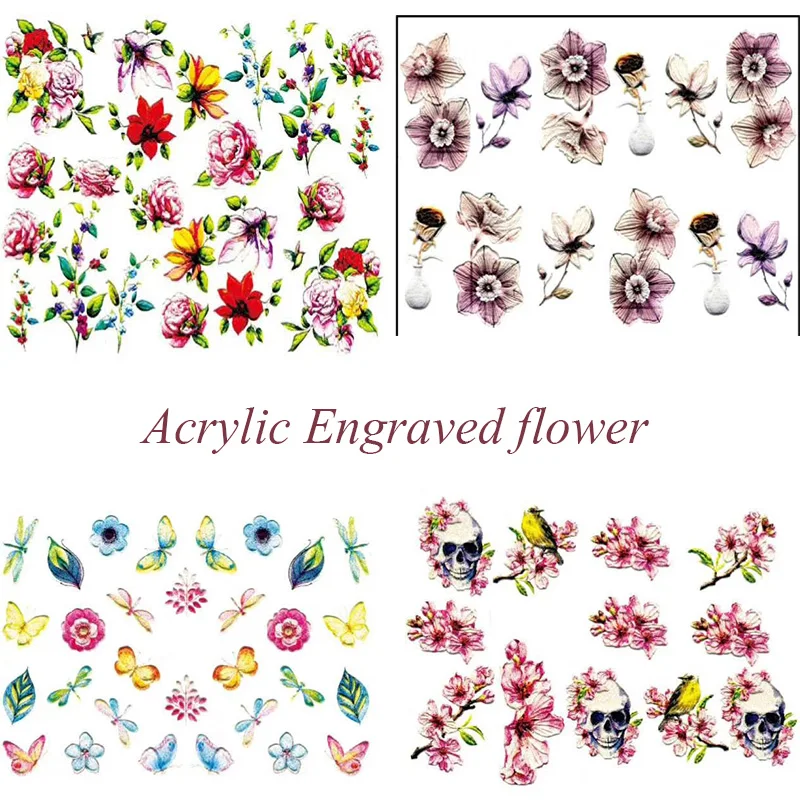 

3D Acrylic Engraved flower Nail Sticker flower butterfly Water Decals Empaistic Nail Water Slide Decals Z0136