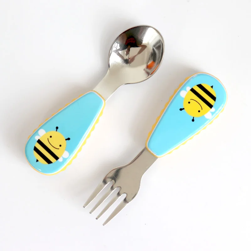 Kids Spoon Children Stainless Steel Fork Case Portable Safety Baby Feeding Utensils Training Dinnerware 2pcs/ Set - Цвет: Bee