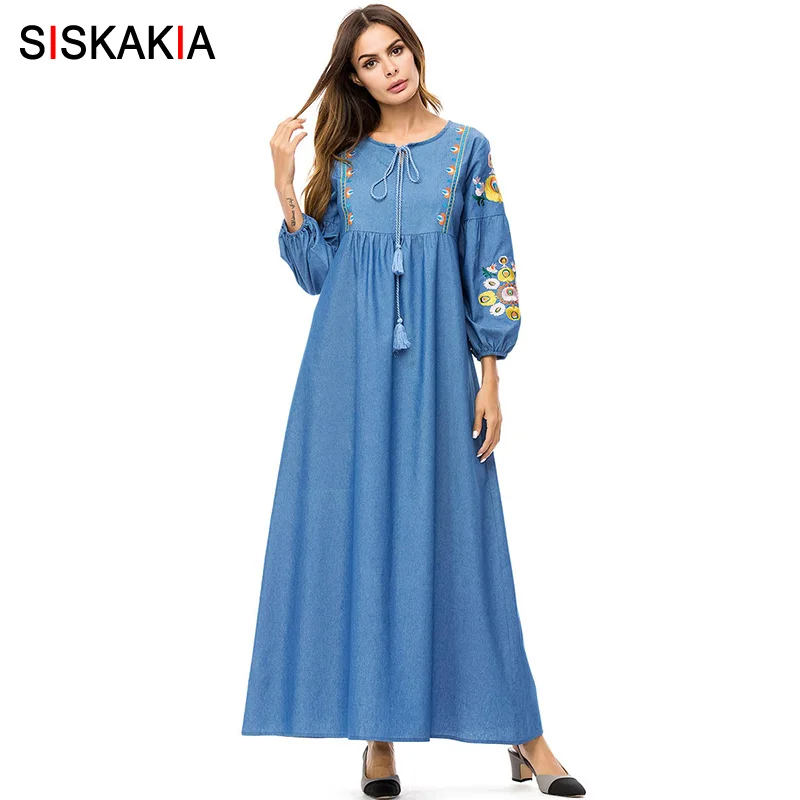 

Siskakia Bishop Sleeve Chic Floral Embroidery Denim Long Dress High Waist Swing Fashion Patchwork Maxi Dresses Fall Autumn Women