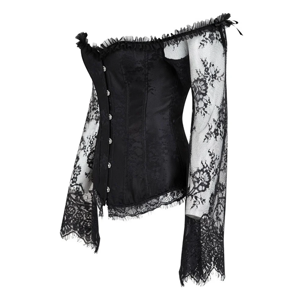 Corset Tops for Women with Lace Sleeve Vintage Style Victorian Retro Black White Steam Punk Burlesque Corset and Bustiers Corset Tops for Women with Lace Sleeve Vintage Style Victorian Retro Black White Steam Punk Burlesque Corset and Bustiers
