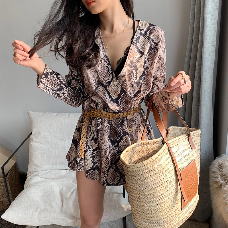 

Deep V-neck Snake Skin Print Overalls Women Spring Summer Beach Holiday Long Sleeve Playsuit Combinaison Femme Ladies Rompers