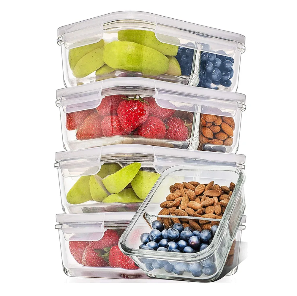 

2 Pcs Glass Meal Prep Containers Glass 2 Compartment Food Storage Containers with Lids Divided Glass Fresh Lunch Box