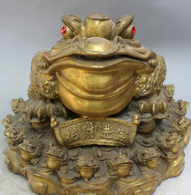 

S5421 12" Folk Chinese Brass Zhao Cai Coin FengShui Jump Money Hoptoad Toad Statue D0318
