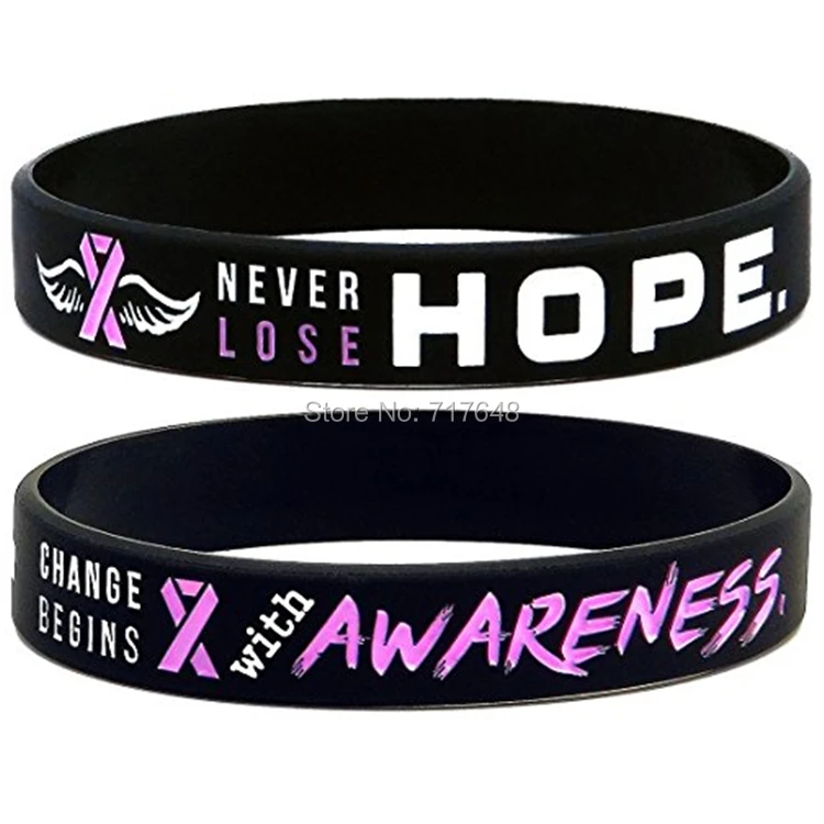 Breast Cancer Awareness Bracelets 12 Pack - Pink Ribbon Silicone Wristbands With Inspirational Messages