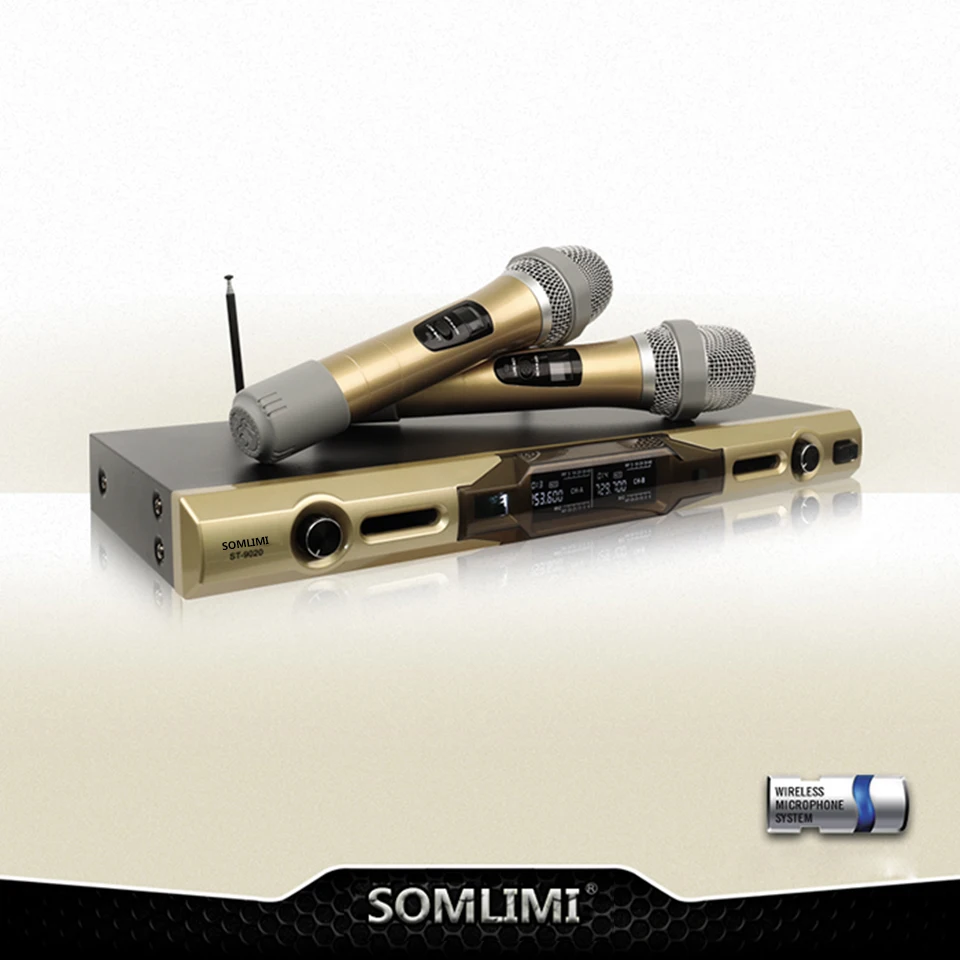 

SOMLIMI ST-9020 UHF Long Range Dual Channel 2 Handheld Mic Transmitter Professional Karaoke UHF Wireless Microphone System