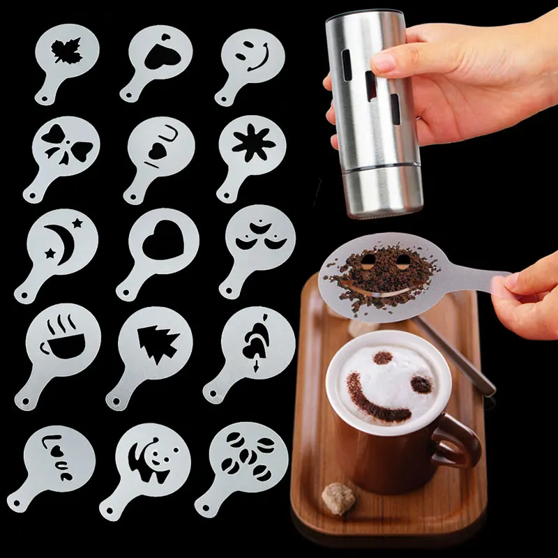 

8/12/16pcs/set Coffee Drawing Cappuccino Mold Fancy Coffee Printing Model Foam Spray Cake Stencils Powdered Sugar Sieve Tools